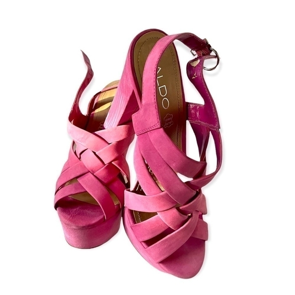 ALDO Pumps Pink Suede Leather Stiletto Heel Shoes. Women’s Peep Toe Sandals - Picture 3 of 6